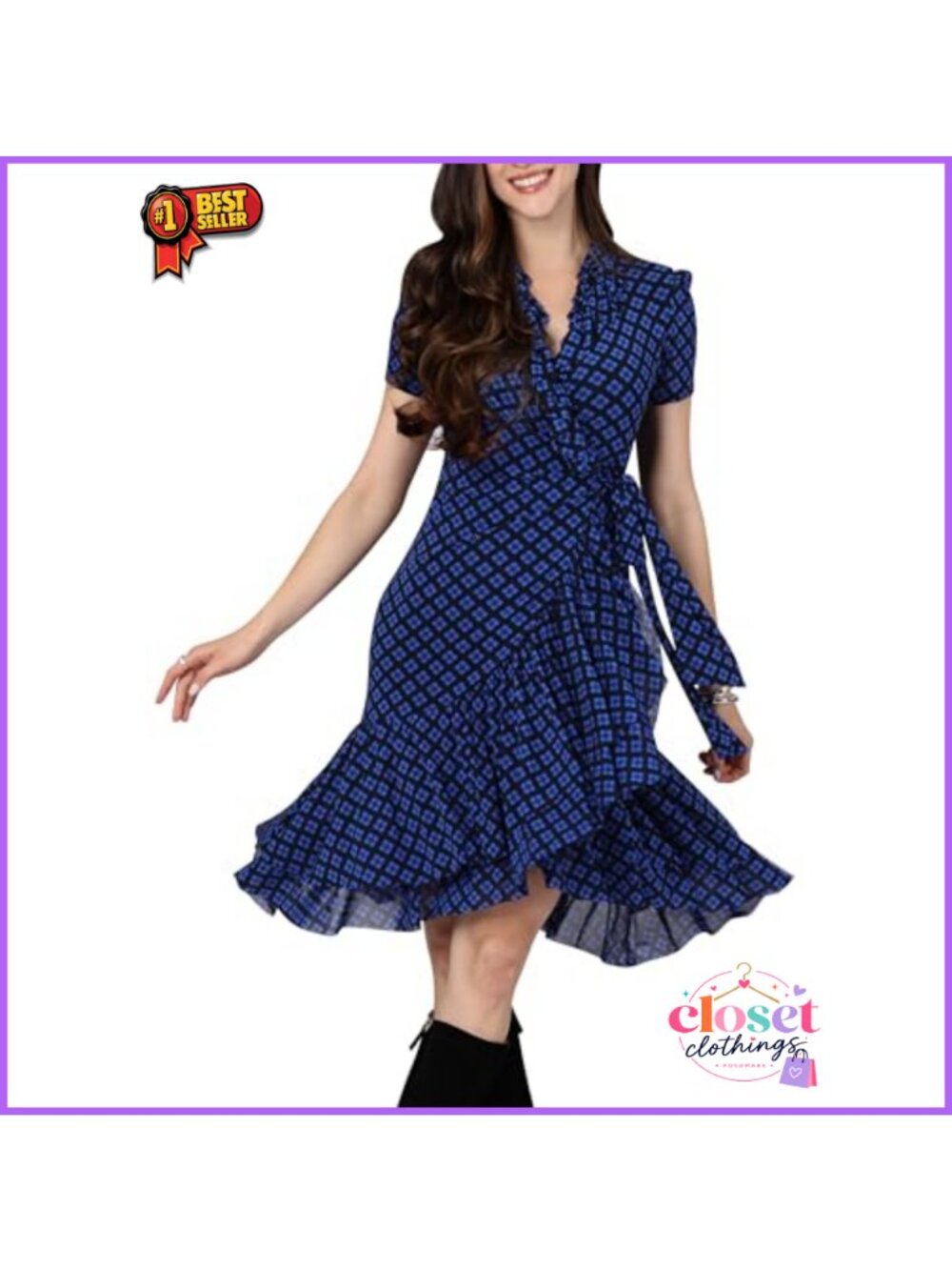 Women's Wrap Mini Dress Short Sleeve V-Neck Self Tie Ruffle